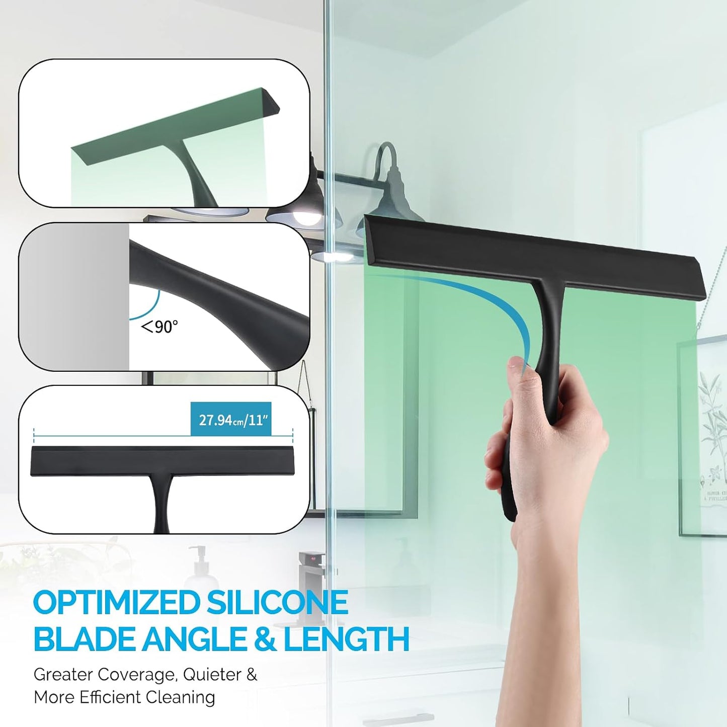 FY&XZH Never Rust Silicone Shower Squeegee for Glass Doors with Hook, Bathroom Cleaner Tool, Household Window and Mirror Squeegee, Ergonomic Thick Handle Squeegee for Shower Glass, 11-Inch (White)