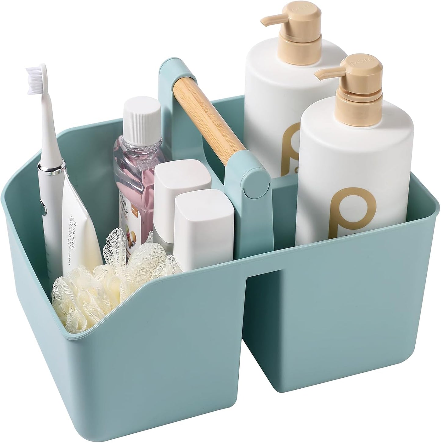 rejomiik Plastic Shower Caddy, Portable Basket with Bamboo Handle, White | Cleaning Caddy Organizer Tote for Bathroom, College Dorm Essentials, Bath Toy Storage, Cleaning Supplies