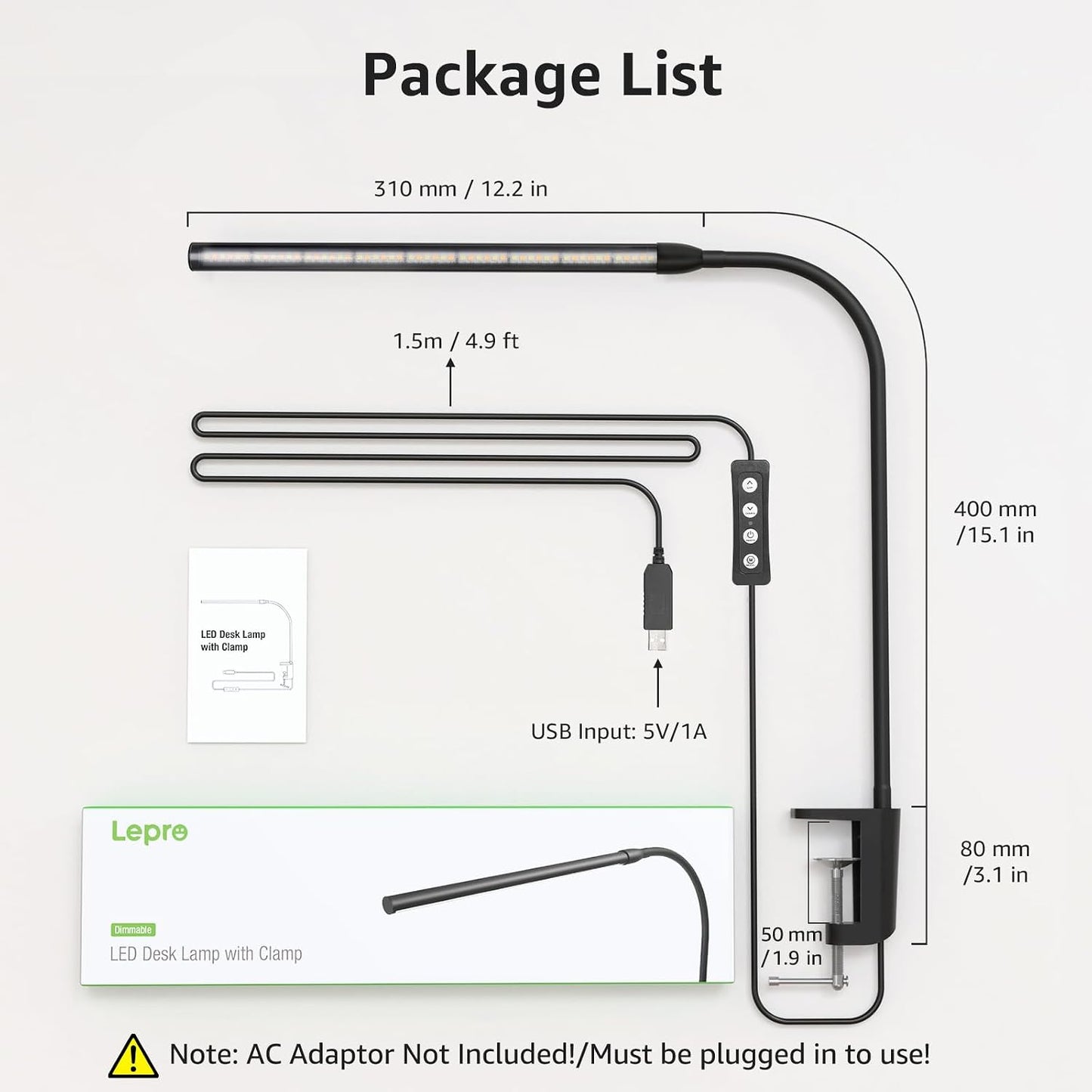 Lepro Small Desk Lamp with Clamp, LED Reading Lamps, 460LM, 5W, White | 3 Color Modes 10 Brightness, Dimmable USB Clip on Desk Light with Gooseneck Swing Arm for Nail, Home Office and Dorm