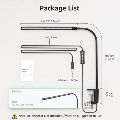 Lepro Small Desk Lamp with Clamp, LED Reading Lamps, 460LM, 5W, White | 3 Color Modes 10 Brightness, Dimmable USB Clip on Desk Light with Gooseneck Swing Arm for Nail, Home Office and Dorm