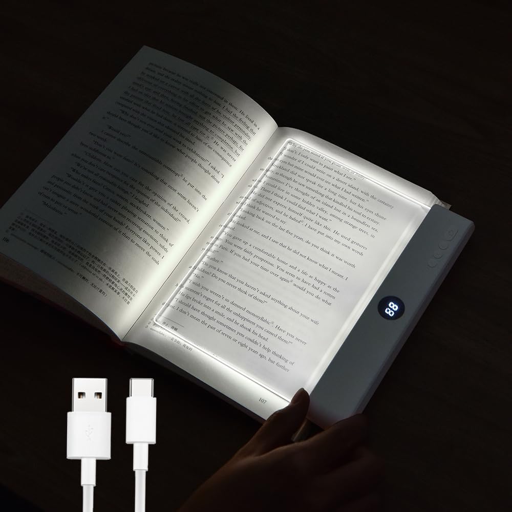 Amber Book Light, Rechargeable Clear LED Flat Reading Light with 3 Colors & Timer, Dimmable Panel Plate Lamp Book Full Page Light for Reading in Bed at Night, Funny Gifts for Readers Book Lovers