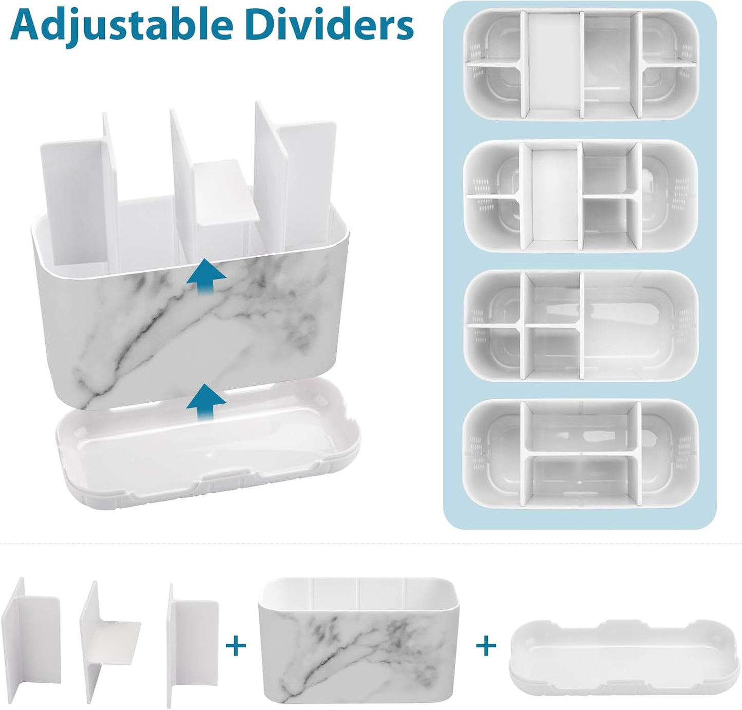 Boperzi Toothbrush and Toothpaste Holder Drainage for Bathroom Countertop with Adjustable Dividers, Large Toothpaste Caddy Organizer Storage Rustic Decor Set Anti-Slip for Shower,Family,Kids Gray
