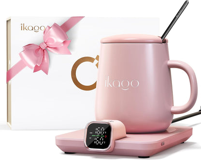 Coffee Cup Warmer & IKAGO Mug Set, 1℉ Precise Temp Control Mug Warmer | Auto Shut Off, Infrared Sensor, Dual Temp Display, ℉/℃ Optional, 15oz Mug with Spoon & Lid Included, Gifts for Men Women