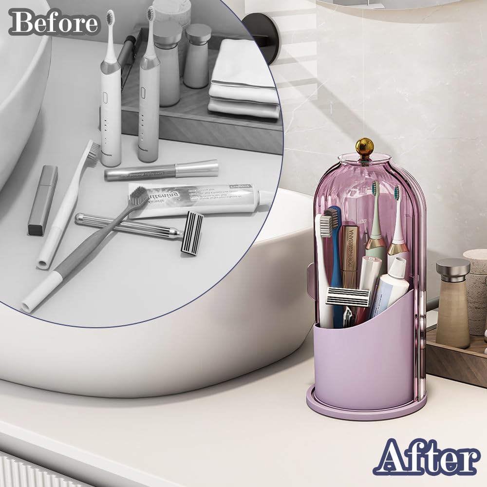 Toothbrush and Toothpaste Holders with Cover, Grey White | Waterproof and Dustproof, 360° Rotating Base, Smooth Sliding Door, 3 Slots, for Bathroom Countertop