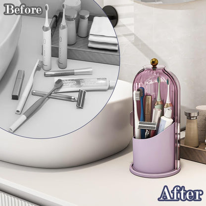 Toothbrush and Toothpaste Holders with Cover, Grey White | Waterproof and Dustproof, 360° Rotating Base, Smooth Sliding Door, 3 Slots, for Bathroom Countertop