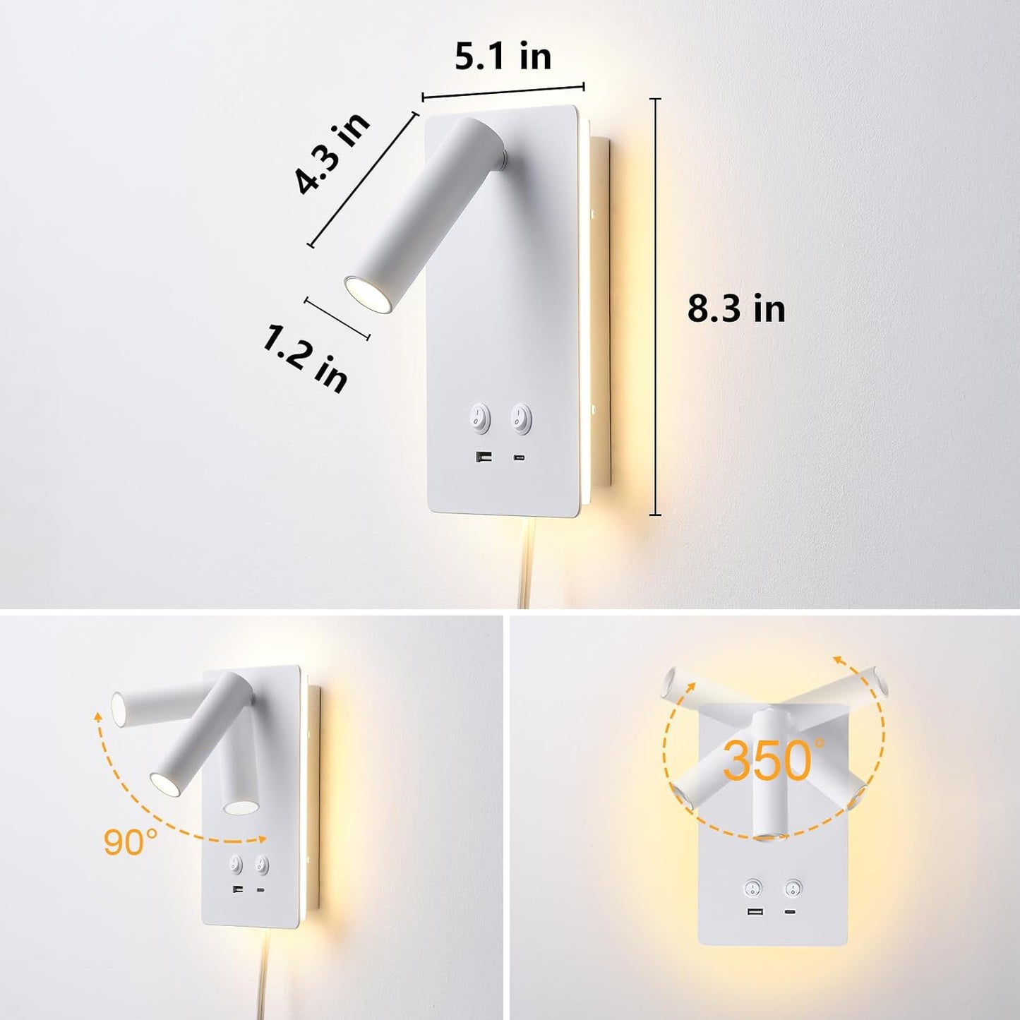 MOLUOLA LED Wall Lamp Wall Mounted Reading Lights, Adjustable Headboard Plug in Wall Sconce with USB C+A Ports, Headboard Bedside Lamp with 9W+3W Night Light 3000K (White)