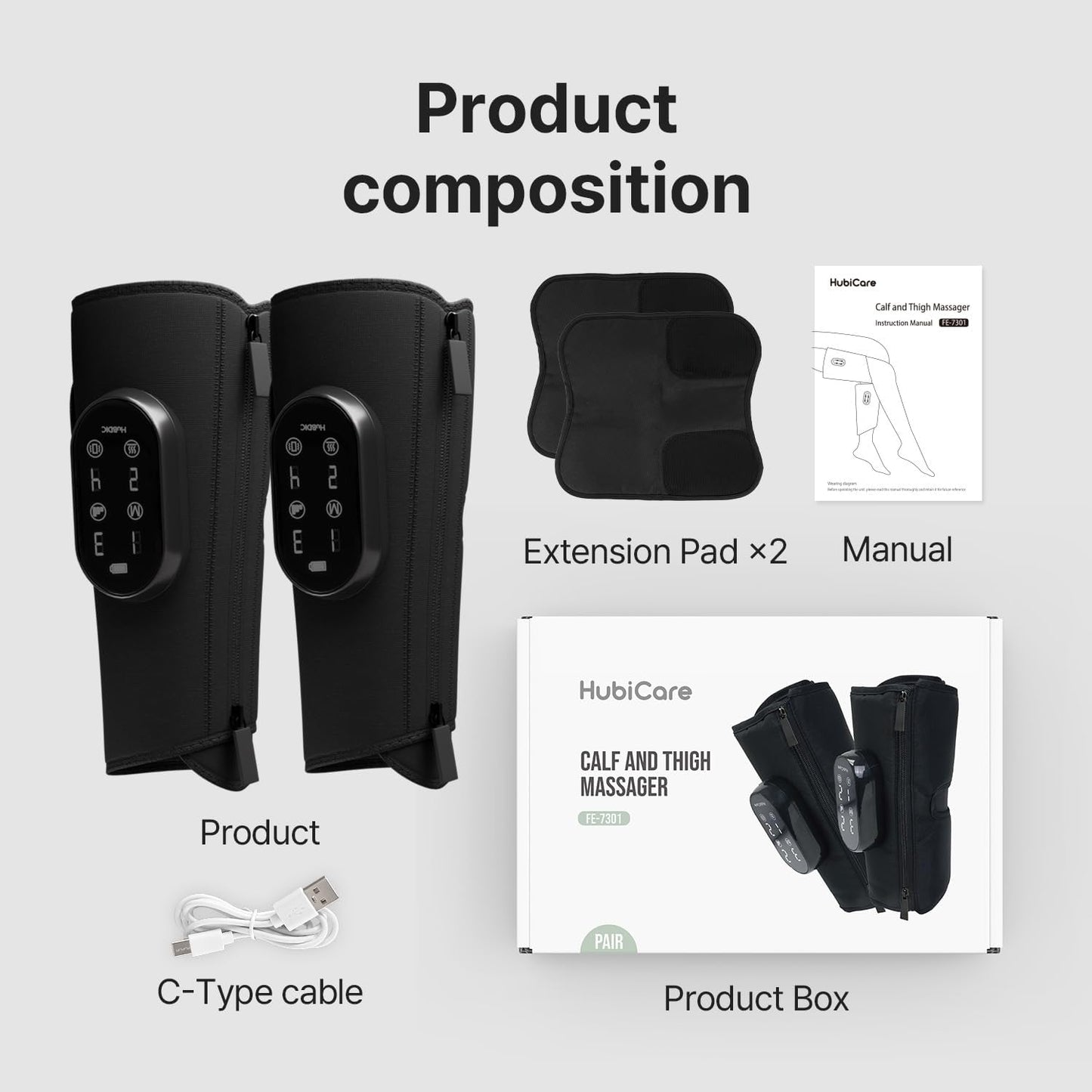 HubiCare Calf and Thigh Massager, Heated Air Compression Leg Massager, Sequential Compression Wrap for Tired Legs, 4 Modes 3 Intensities, Vibtration, Cordless Leg Massager with Extension (Pair)