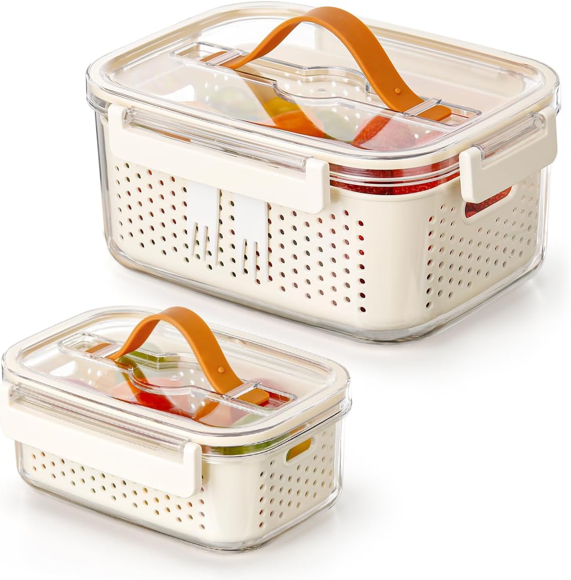 Fruit Storage Containers for Fridge,berry containers with Colander and Built-in Forks,2 packs 57oz & 13oz Airtight Food Containers with Lids, BPA Free Berry Keeper, to go box for lunch, travel, office