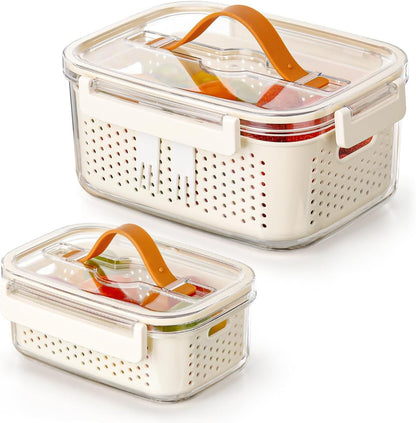 Fruit Storage Containers for Fridge,berry containers with Colander and Built-in Forks,2 packs 57oz & 13oz Airtight Food Containers with Lids, BPA Free Berry Keeper, to go box for lunch, travel, office