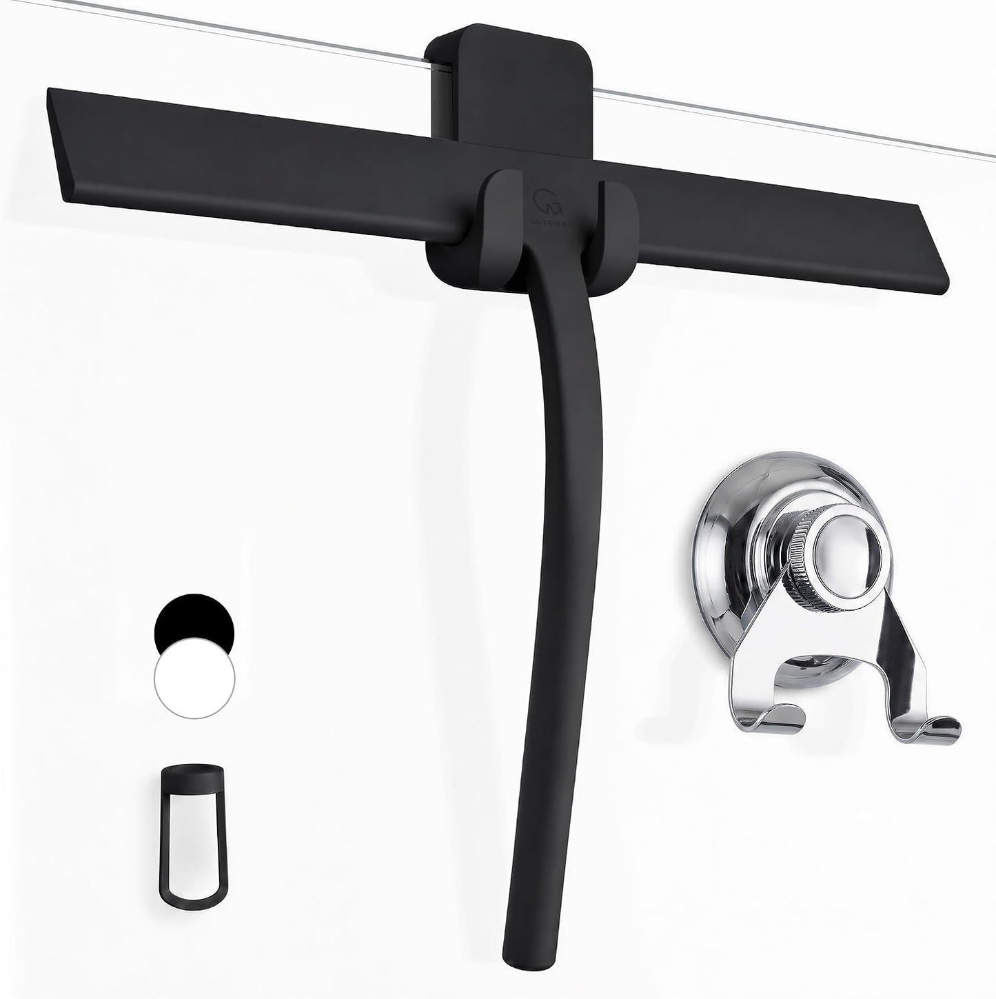 Silicone Shower Squeegee with 3-in-1 No-Drill Mount, Black, 9'' | Squeegee for Glass Doors & Mirrors with Stainless Steel Core, Streak-Free & No-Squeak Window Cleaning, Hook/Suction/Adhesive