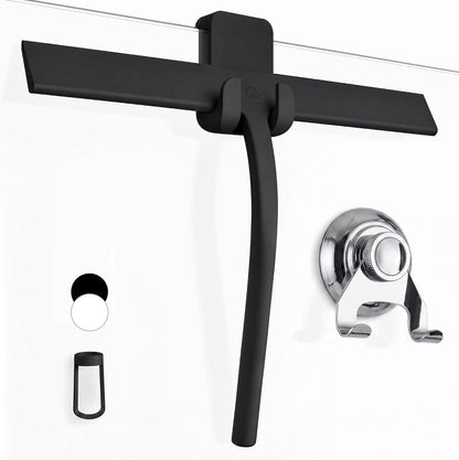 Silicone Shower Squeegee with 3-in-1 No-Drill Mount, Black, 9'' | Squeegee for Glass Doors & Mirrors with Stainless Steel Core, Streak-Free & No-Squeak Window Cleaning, Hook/Suction/Adhesive