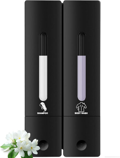 3 Chamber Shampoo and Conditioner Dispenser Set, No Drill Shower Soap | Refillable wall-mounted bottles, BPA-free. 3x400ml. Dispenses shampoo, conditioner,body wash, soap, lotion, gel. Black.