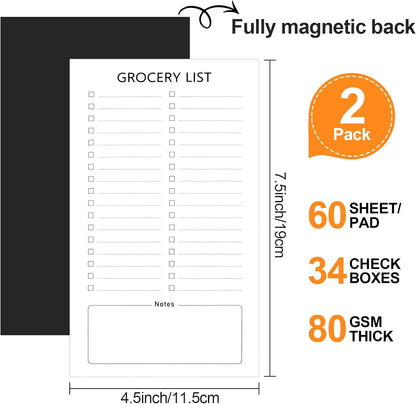 Grocery List Magnet Pad for Fridge, 2 Pack Magnetic Notepads for Refrigerator, Magnetic Grocery List Pad for Fridge, Full Magnet Back Shopping Lists, 60 Sheets Per Note Pads