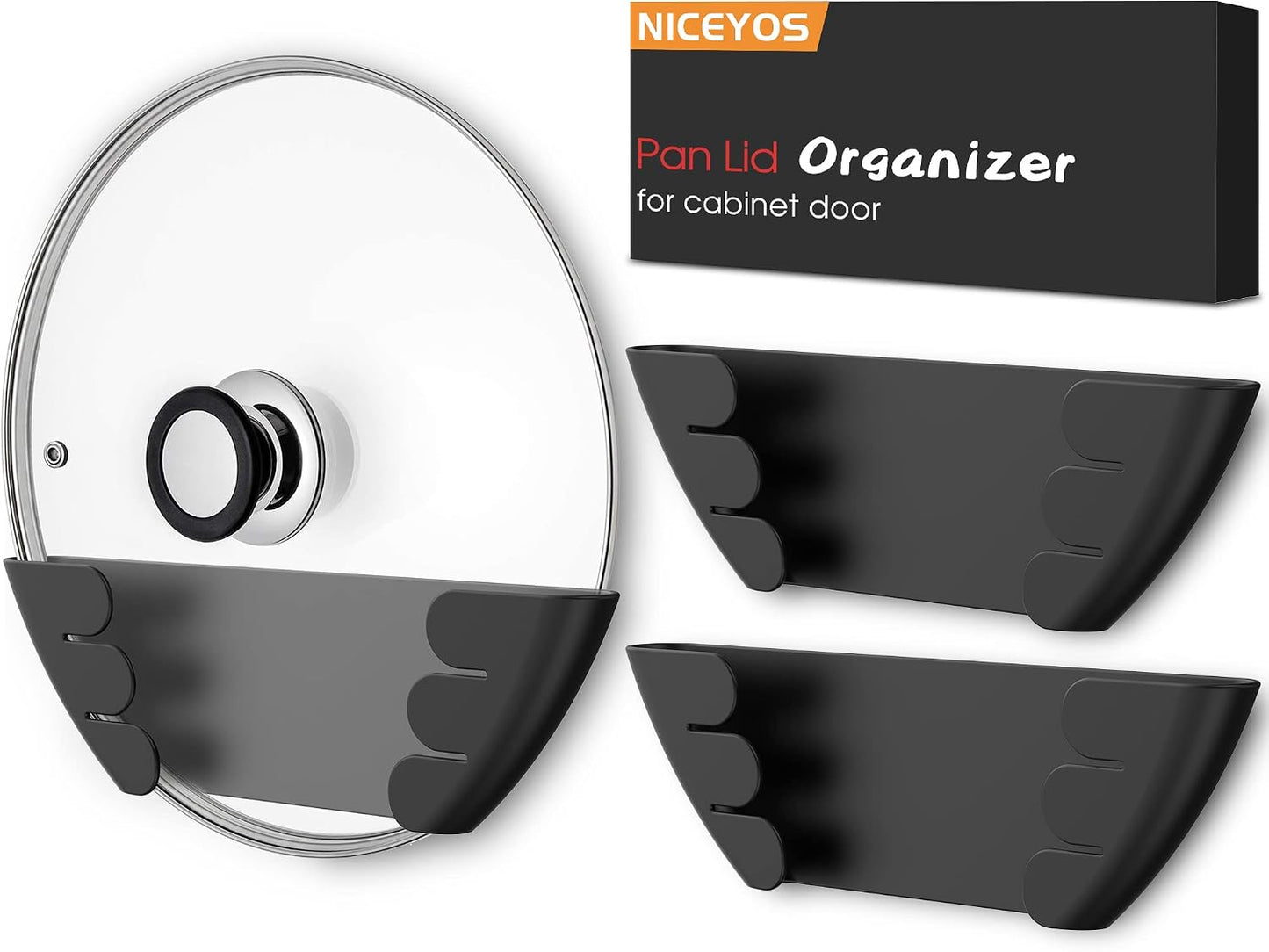 Universal Pot Lid Organizer for Cabinet - Upgraded Patented Niceyos 3 Pack Inside Cabinet Door Wall Mount Pan Top Storage Organizer Rack Holder for Kitchen, Fits 6" to 13" (Black)