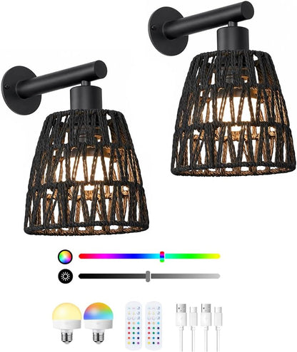 Boho Battery Operated Wall Sconces, Rattan Wall Sconce Set of 2 with Remote, RGB 15 Colors Dimmable Rechargeable Wall Light, Black Indoor Wireless Wall Lamp, Farmhouse Rattan Wall Lighting for Bedroom