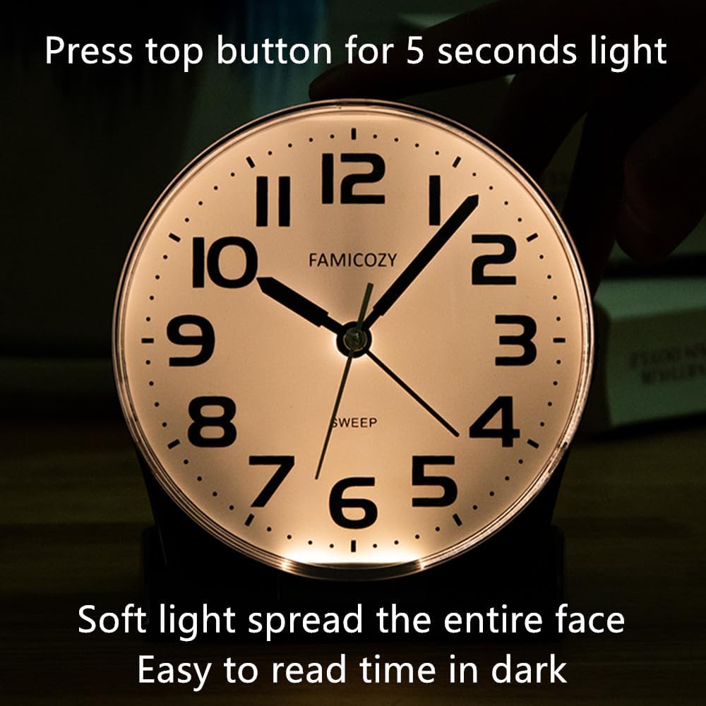 FAMICOZY 4.5" No Ticking Analog Alarm Clock,Silent Readable for Seniors,Easy to Set,Gradual Rise Alarm,Big Numbers,On/Off Switch on Side,Gentle Wake,Snooze Soft Backlight,Battery Operated,Black