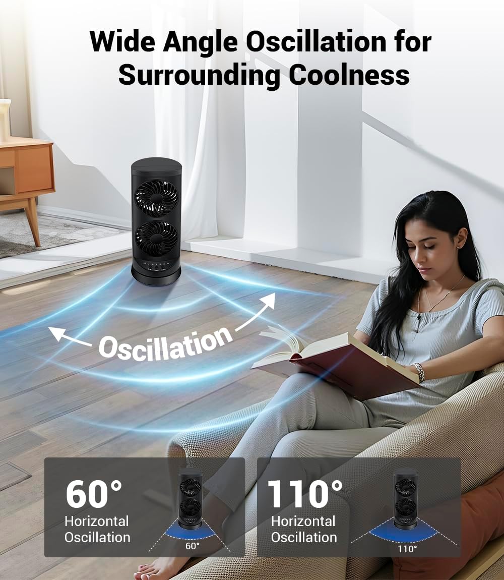 KopBeau Tower Fan for Bedroom, Portable Desk Table Fan with Remote,4 Speeds,12H Timer,60° & 110° Oscillating Electric Fans that Blow Cold Air,Fast Cooling Fan for Home Office Dorm