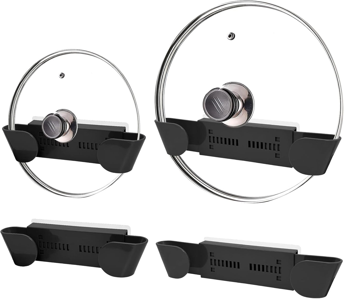 Adjustable Pot Lid Holder for 6" to 14" Lids, White 4 Pack | Pan Lids Organizers, No Drilling Required & Detachable, Sticky Wall Mounted Lid Storage for Kitchen Wall, Cabinets & Door