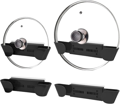 Adjustable Pot Lid Holder for 6" to 14" Lids, White 4 Pack | Pan Lids Organizers, No Drilling Required & Detachable, Sticky Wall Mounted Lid Storage for Kitchen Wall, Cabinets & Door