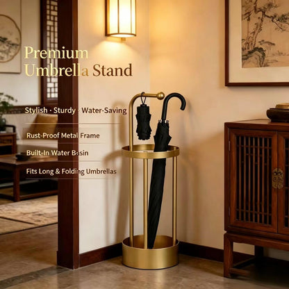 Stainless Steel Umbrella Stand, Gold Freestanding Umbrella Holder with Drip Tray & Hook, Entryway Rain Umbrella Storage Rack for Home Lobby Hotel Decor