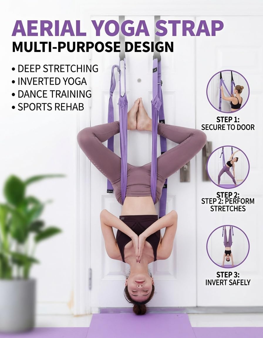 Door Aerial Hammock Swing - No Drilling Over Door Yoga Stretch Straps for Stretching, Inversion Pilates Kit, Anti-Gravity Home Workout - Pink/Purple