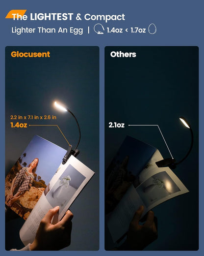 Glocusent Willow Book Light for Reading in Bed, 10 LED Bright Reading Light | 3 Colors & 3 Brightness, Rechargeable, 80Hrs, Lightweight, Clip on, Christmas Stocking Stuffers, Gifts, Book Lovers, Reader