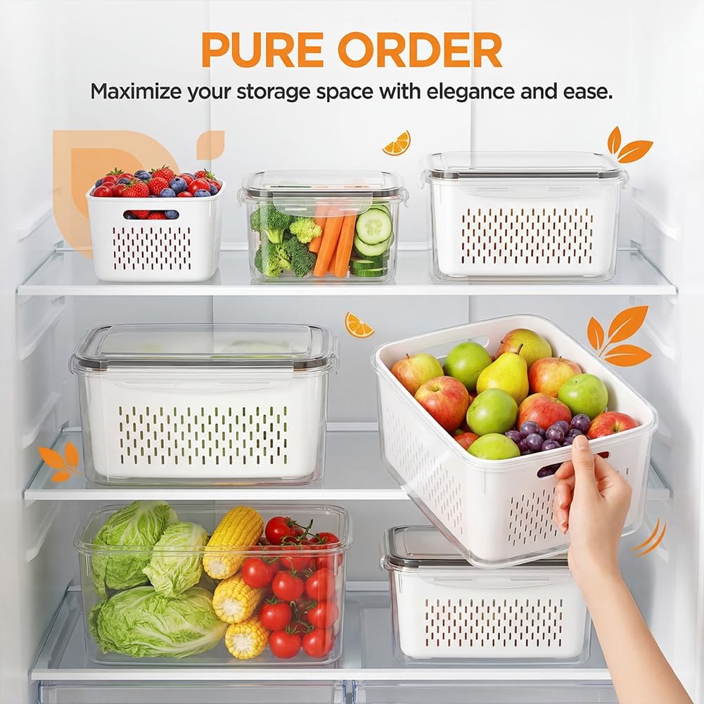 2026 Upgraded 4 in 1 Food Storage Container, Fruit Storage Containers for Fridge with Removable Colanders, Household Transparent Plastic Food Storage Box-Including Drain Basket (Blue,S+M)