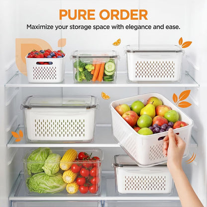 2026 Upgraded 4 in 1 Food Storage Container, Fruit Storage Containers for Fridge with Removable Colanders, Household Transparent Plastic Food Storage Box-Including Drain Basket (Blue,S+M)