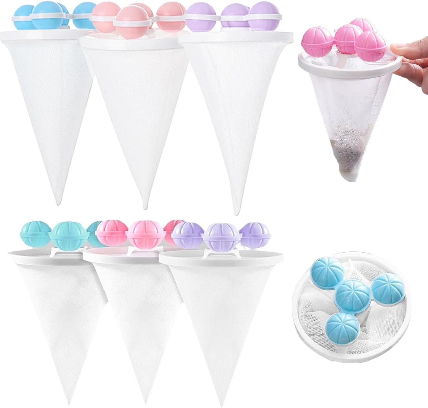 6 PCS Hair Filter Bag Floating Lint Catcher for Washing Machine Pet Hair Catcher Reusable Washing Hair Filter Cleaning Mesh Bag Dog Cat Hair Remover for Laundry(2 Styles