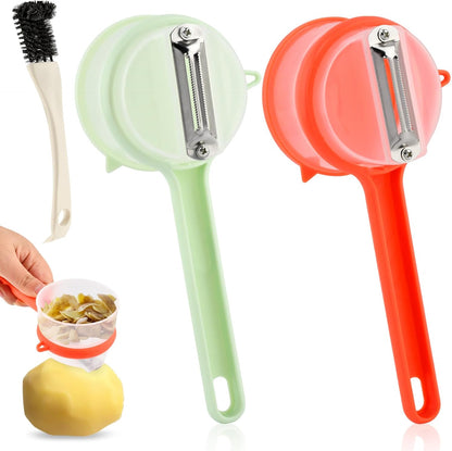 2Pcs Peeler with Container, Fruit and Vegetable Enclosed Peeler with Storage Box, Double-Sided Pee-ler Gadgets with Cleaning Brush, for Home Kitchen Restaurant(COLOR:green+orange)
