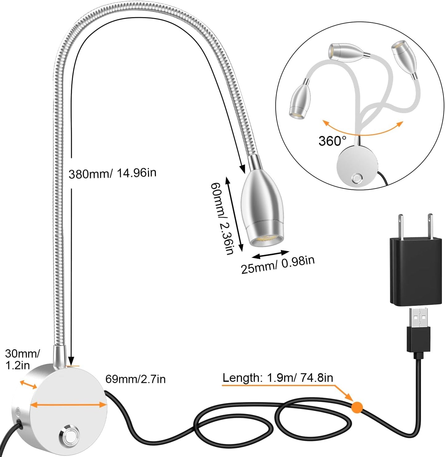 Wall Mounted LED Reading Light with 15" Flexible Gooseneck, Dimmable Book Light for Reading In Bed with USB Charging Port, Plug In Headboard Night Lights, 3 Colors Temperature, Touch Control-2 Pack