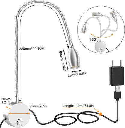 Wall Mounted LED Reading Light with 15" Flexible Gooseneck, Dimmable Book Light for Reading In Bed with USB Charging Port, Plug In Headboard Night Lights, 3 Colors Temperature, Touch Control-2 Pack