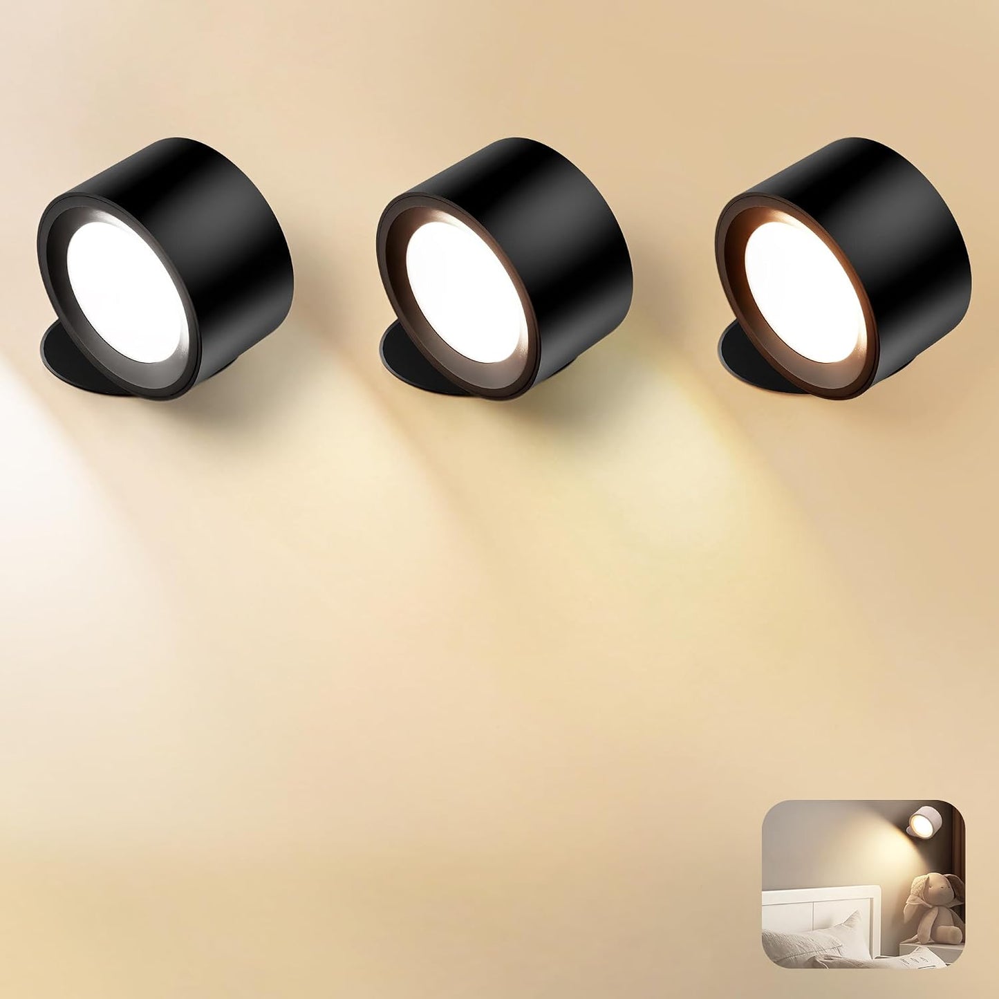 Wall Mounted Lamp, Rechargeable Battery Operated Wall Lights, White-2 Pack | Rechargeble Renter Friendly, 3 Color Temperatures & 3 Brightness Levels 360°Rotate Magnetic Ball, Sconces for Reading Bedroom
