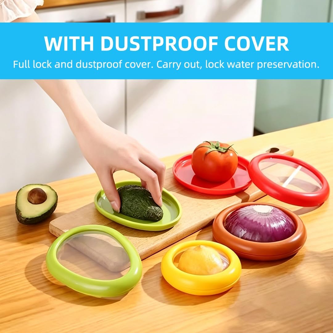 Food Storage Containers for Fruit & Vegetable - 4 Pack Set: Avocado, Lemon, Apple, and Onion Savers - Airtight Silicone Stretch Covers for Kitchen Fridge - BPA Free