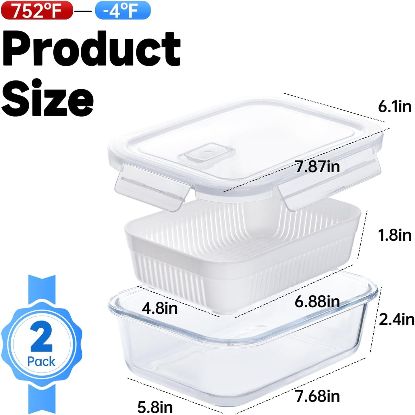Glass Fruit Storage Containers with Colander, Detachable Colander, 2 Pack | Leak-Proof And Four-Tab Locking Lid | Glass | For Daily Use/Travel/Cooking | Fruit/Vegetable/Lunch