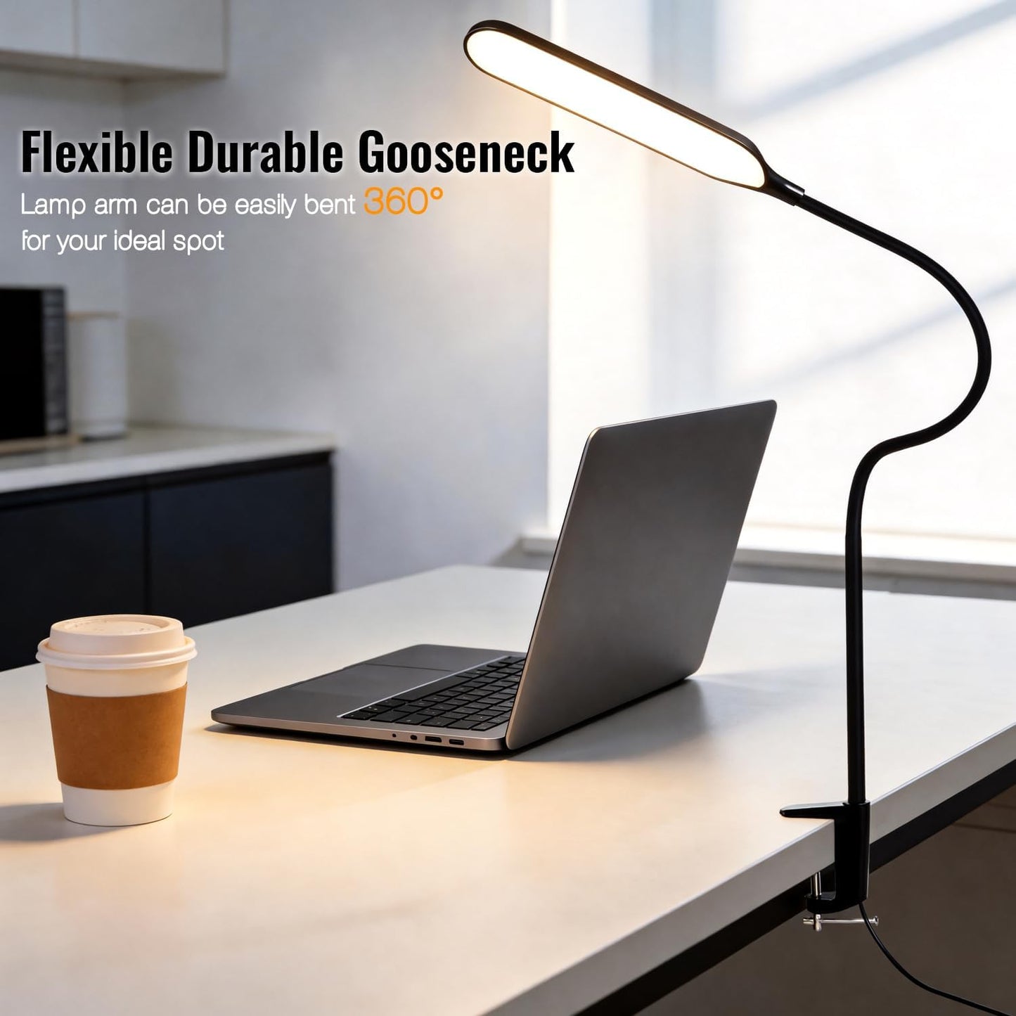18W 3000LM LED Clamp Desk Lamp | CRI 95 Eye-Caring Light with Remote & Touch Control, 360 Flexible Gooseneck, 3 Color Modes for Home Office(Adapter Included)