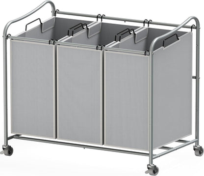 Simple Houseware Heavy Duty 3-Bag Laundry Sorter Rolling Cart, Dark Grey | Removable Bags and Lockable Wheels for Laundry Room Organization