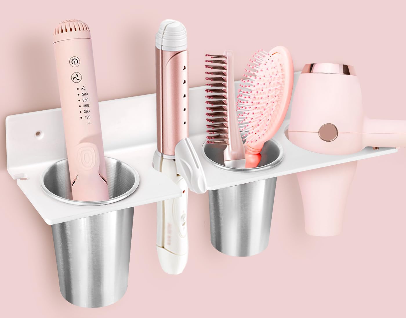 Hair Tool Organizer, Hair Dryer Holder with Heatproof Steel Cups, Acrylic Vanity Organizer for Curling Iron, Flat Iron & Hair Brushes, Perfect for Bathroom (White, Standard)