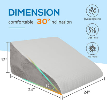 Sasttie Wedge Pillow 24x24x12 inch, Memory Foam Bed Wedge, Cool Grey | Triangle Pillow for Sleeping, Acid Reflux, Back Pain, Post-Surgery, and Snoring, Designed with Removable Washable Cover