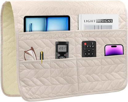 Remote Control Holder for Recliner, Sofa Armrest Organizer with Non-Slip Base, Tv Remote Holder Couch Caddy Armchair Caddy Bedside Organizer with 6 Pockets for Magazine, Tablet, Phone (Beige)
