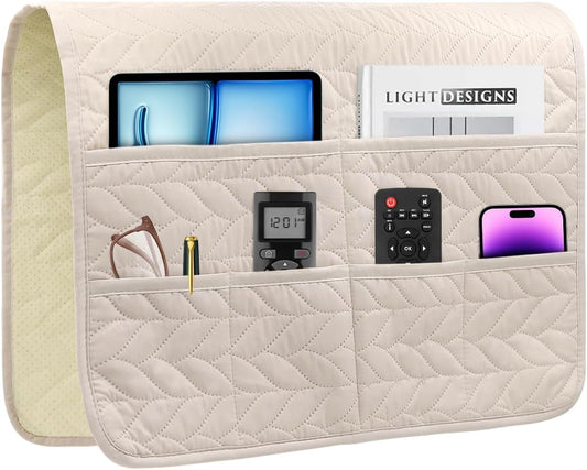 Remote Control Holder for Recliner, Sofa Armrest Organizer with Non-Slip Base, Tv Remote Holder Couch Caddy Armchair Caddy Bedside Organizer with 6 Pockets for Magazine, Tablet, Phone (Beige)