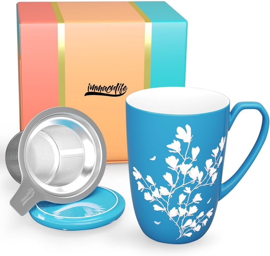 Tea Cup with Infuser and Lid for Steeping Loose Leaf Tea Bag Coffee Milk Women Office Home Gift 16oz Peach Blossoms