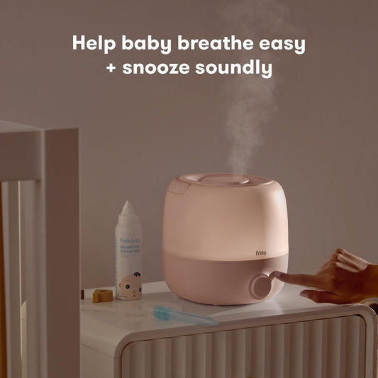 Frida Baby 3-in-1 Cool Mist Humidifier for Large Rooms, Top Fill Humidifier for Bedroom, Allergy Relief, 60 Hour Runtime + Nightlight, Auto Shut-Off, Quiet, Carry Handle, Essential Oil Diffuser