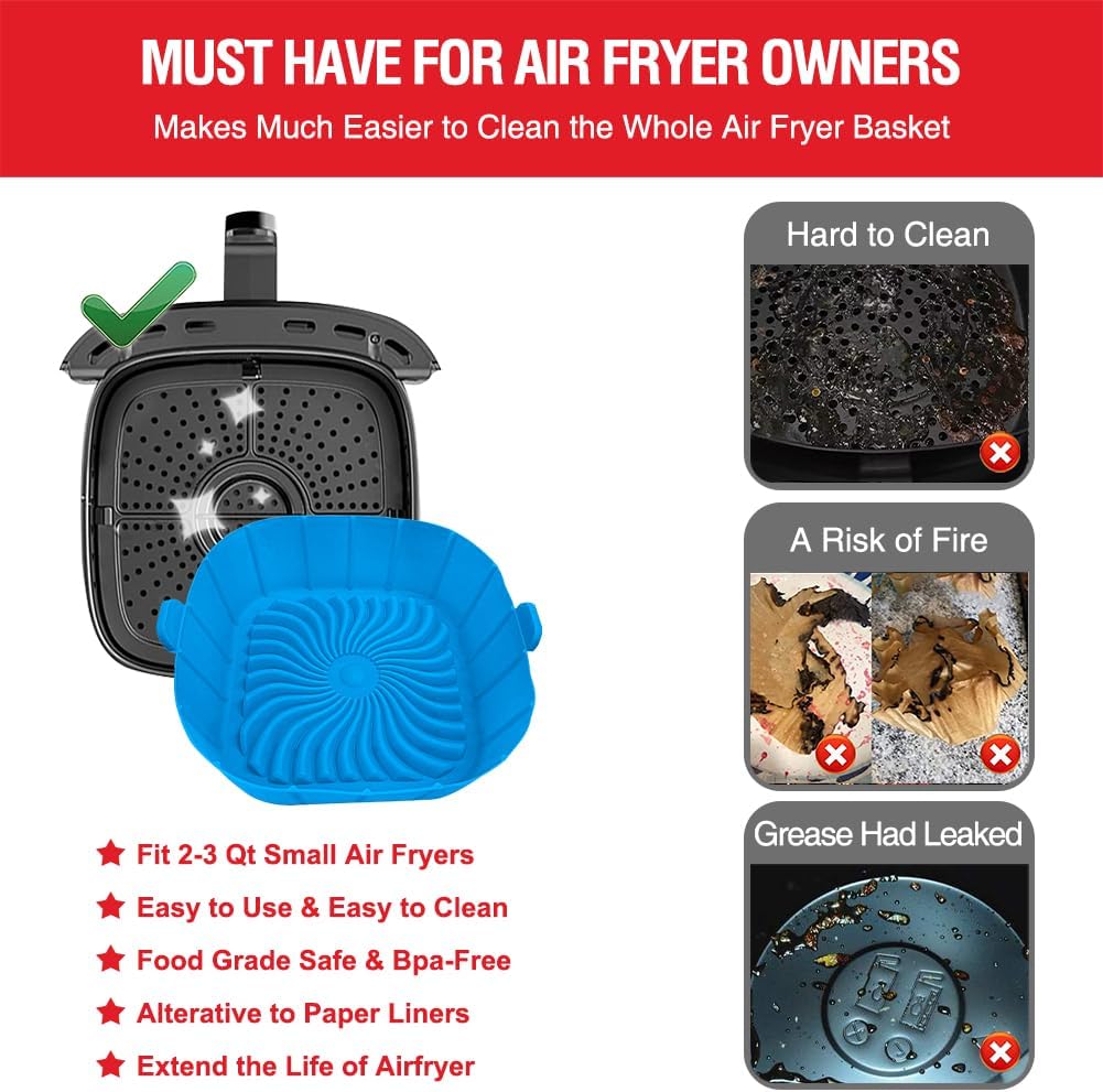 Air Fryer Silicone Liners for 2 to 3 QT Small Air Fryers, Non-Stick Reusable Silicone Pot Basket Bowl Liner Baking Tray Air Fryer Accessories, 2 Pack Square Airfryer Liner Insert