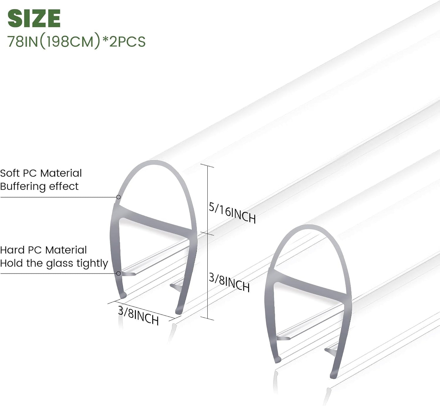 Frameless Shower Door Bottom Seal Strip for 3/8"(10mm) Thick Glass, Super Clear 36 Inch Long 2PCS Shower Door Seal, to Water Block
