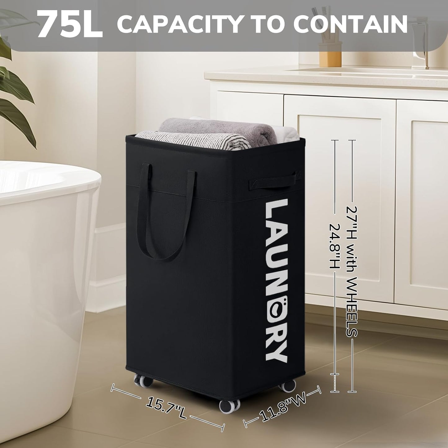 CHICVITA 75L Large Rolling Laundry Basket with Wheels & Wash Bag, Grey | Collapsible design saves space for corner dorms. Removable wash bag for easy laundry transport