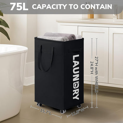 CHICVITA 75L Large Rolling Laundry Basket with Wheels & Wash Bag, Grey | Collapsible design saves space for corner dorms. Removable wash bag for easy laundry transport