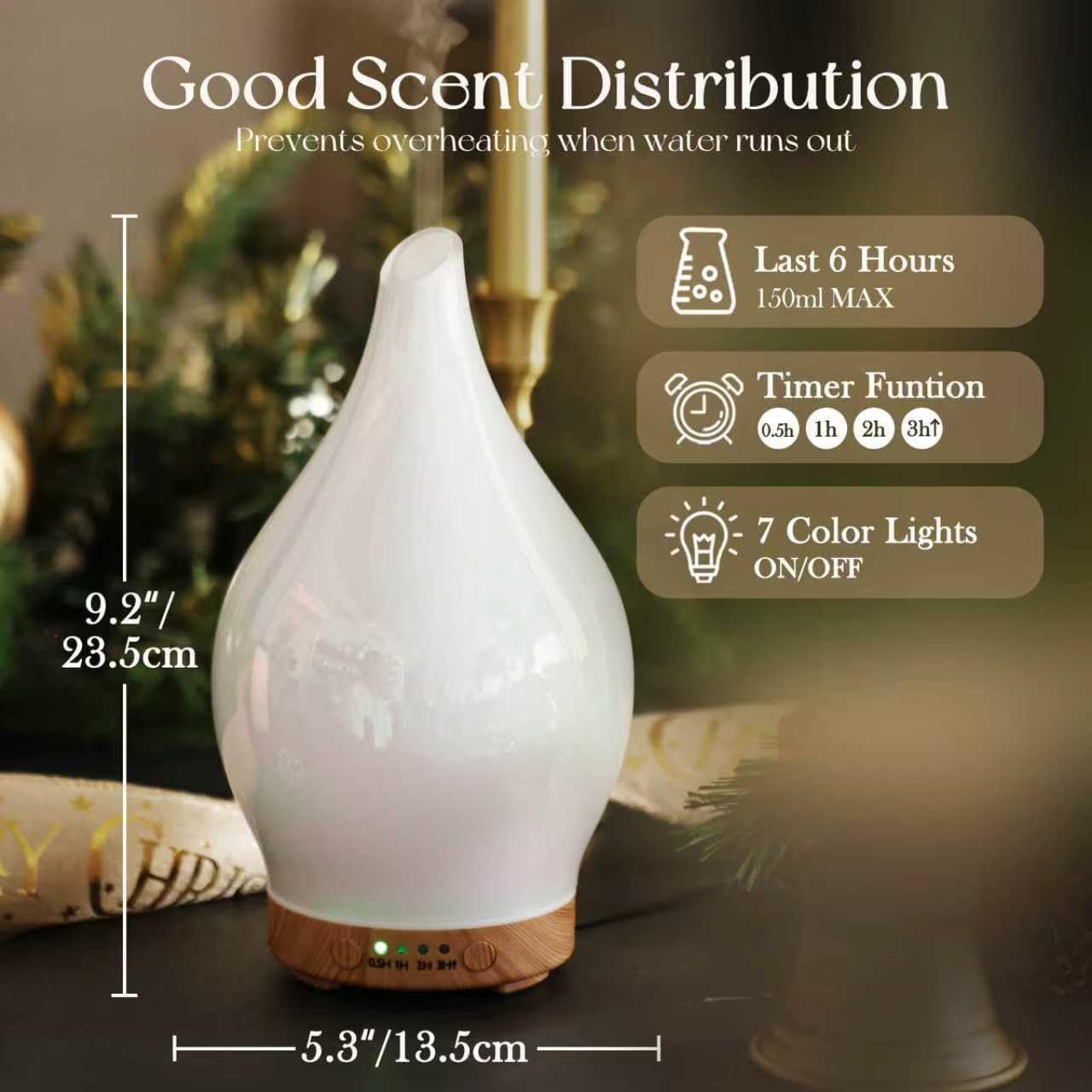 Porseme Oil Diffuser 3D Glass Aromatherapy Ultrasonic Humidifier, Air Refresh Auto Shut-Off, Timer Setting, BPA Free for Home Hotel Yoga Leisure SPA Gift 150ml Last 6H - Colors A