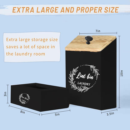 Magnetic Lint Bin and Dryer Sheet Holder Set for Laundry Room, Farmhouse Wooden Lint Trash Can with Lid and Dryer Sheet Dispenser Box Magnetic for Mounting on Dryer,Stylish Laundry Room Organiz(Black)