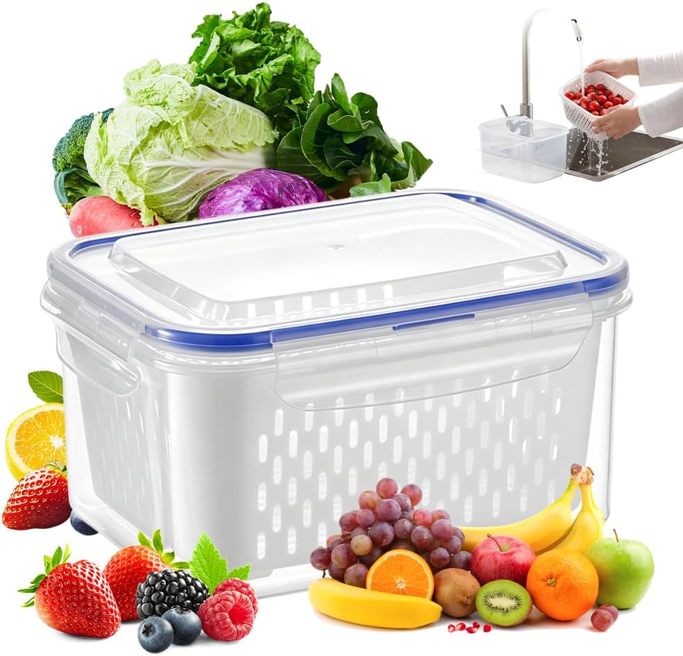 Fruit Storage Containers for Fridge with Removable Colanders and Lids | 4-in-1 Multifunctional transparent plastic produce containers, leakproof fridge organizers for Fruit, vegetables & meal prep